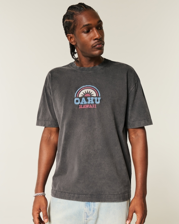 Boxy Heavyweight Oahu Graphic Tee, Washed Black view 1