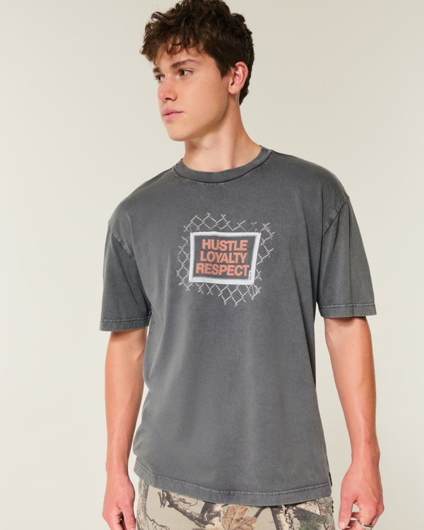 Boxy John Cena Hustle Loyalty Respect Graphic Tee, Washed Dark Gray view 1