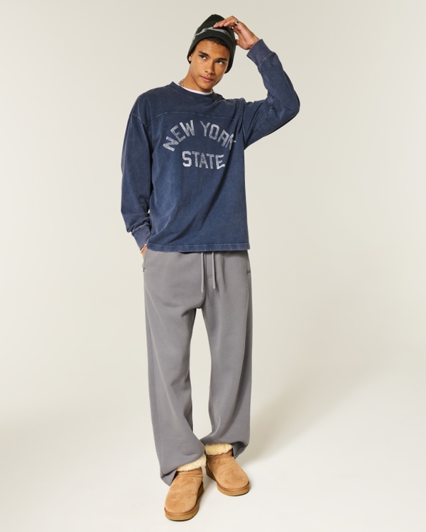 Baggy Heavyweight Long-Sleeve New York State Graphic Tee, Washed Navy view 2