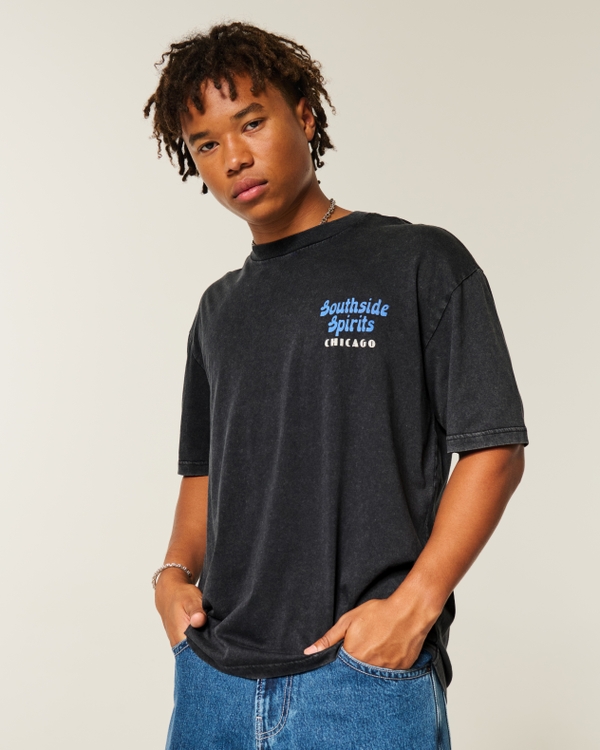 Baggy Cotton Southside Spirits Graphic Tee, Washed Black view 1
