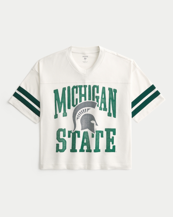 Baggy Crop Michigan State University Graphic Football Jersey, Cream view 1