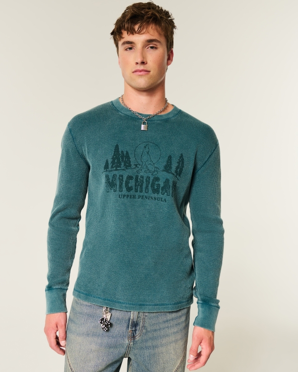 Long-Sleeve Waffle Michigan Graphic Tee, Washed Dark Green view 1