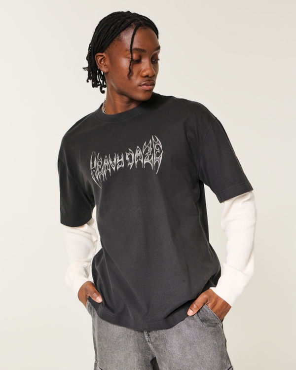 Layered 2-in-1 Long-Sleeve Heavy Daze Graphic Tee, Faded Black view 2