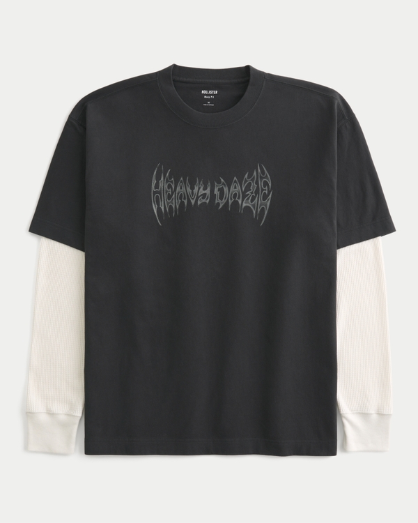 Layered 2-in-1 Long-Sleeve Heavy Daze Graphic Tee, Faded Black view 1
