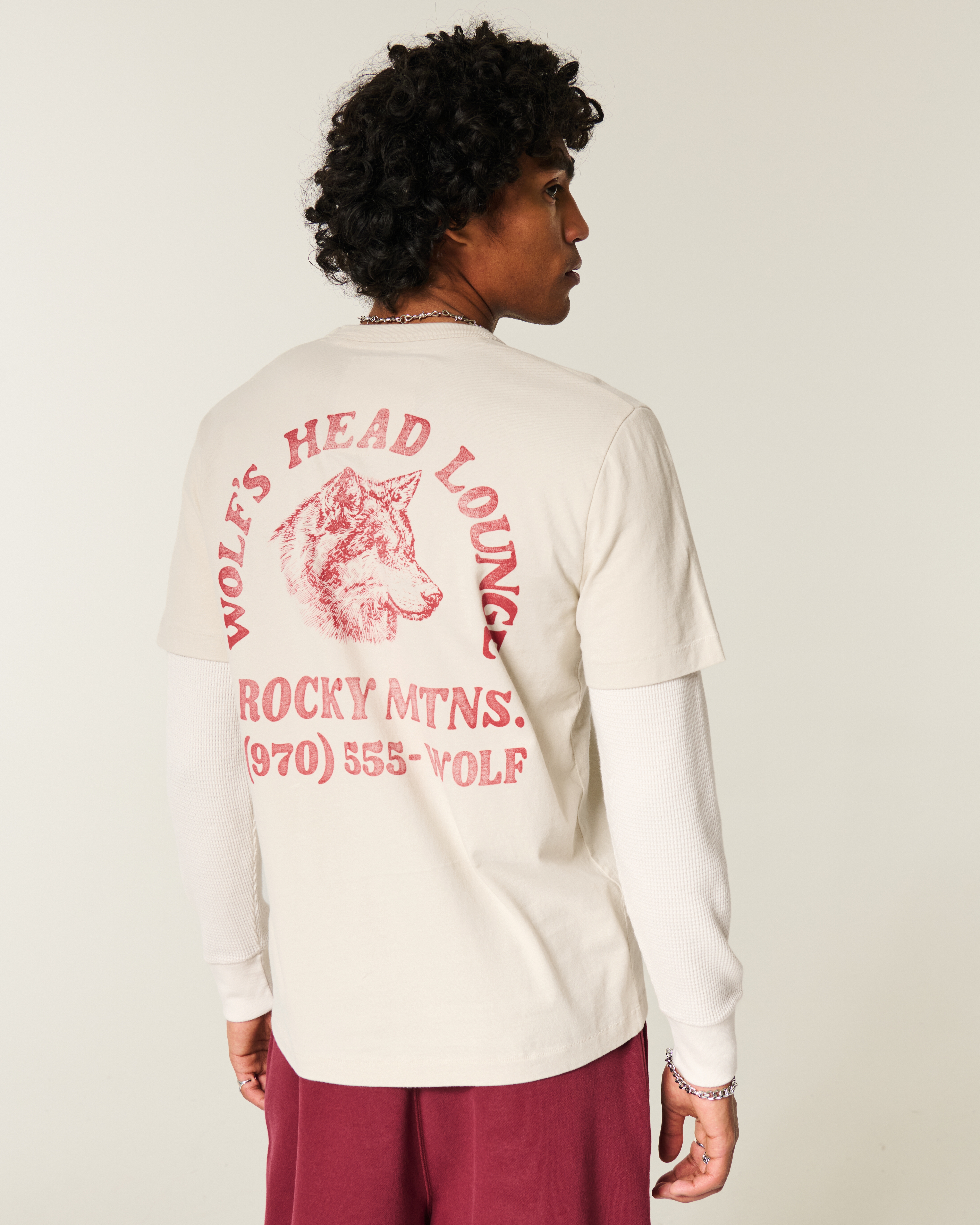 Layered Long-Sleeve Wolf's Head Lounge Graphic Tee