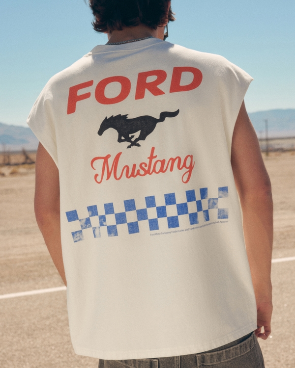 Boxy Heavyweight Ford Mustang Graphic Cutoff Tank, Cream view 1
