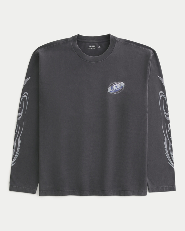 Boxy Heavyweight Long-Sleeve Glacier Montana Graphic Tee, Charcoal view 1