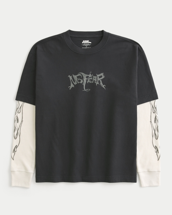 Boxy Heavyweight Layered 2-in-1 No Fear Graphic Tee, Charcoal view 1