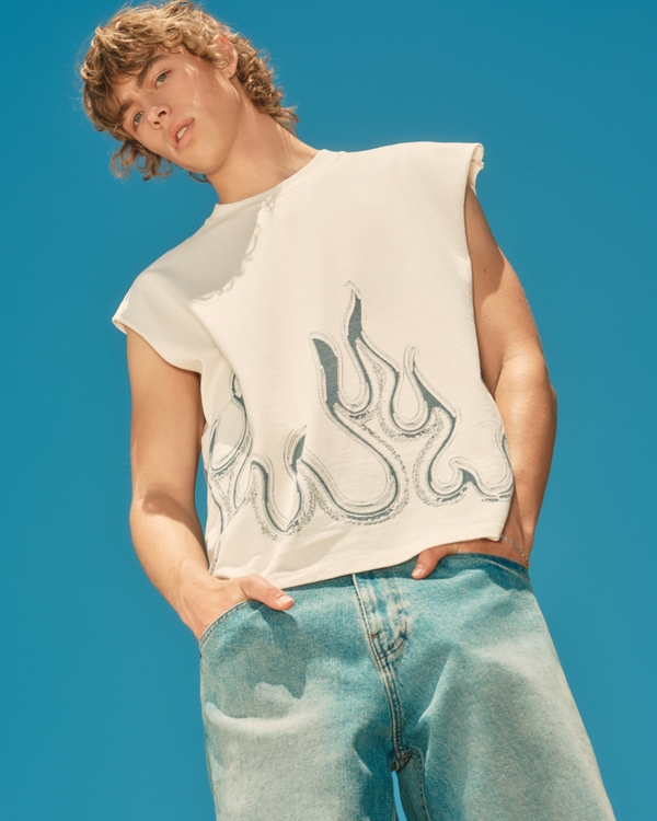 Boxy Heavyweight Graphic Cutoff Tank, Cream view 1