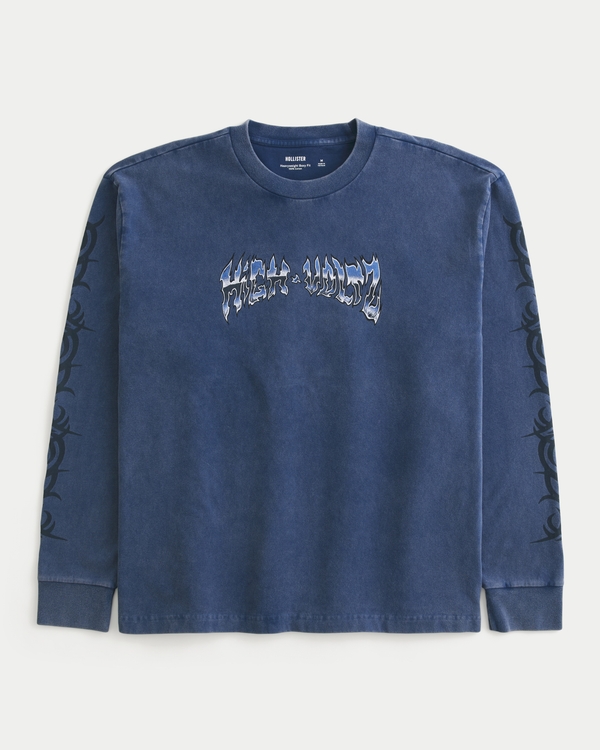 Boxy Heavyweight Long-Sleeve High Voltz Graphic Tee, Dark Blue view 1