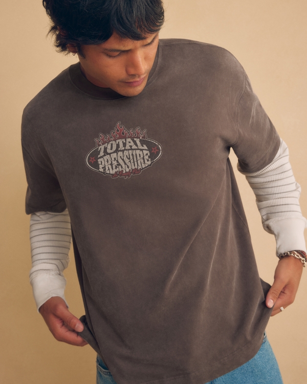 Boxy Layered 2-in-1 Total Pressure Graphic Tee, Dark Brown view 1