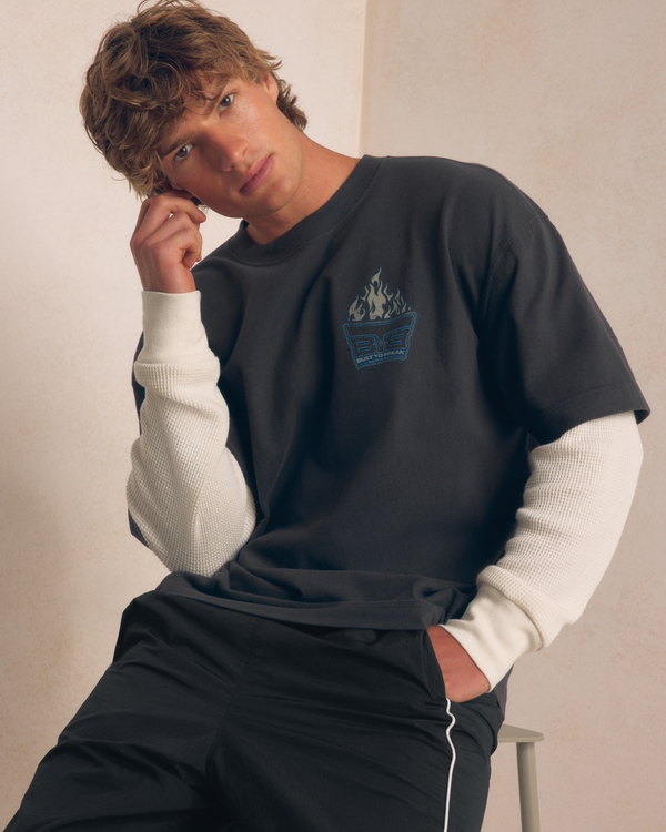 Boxy Layered 2-in-1 Built to Break Graphic Tee, Charcoal view 1
