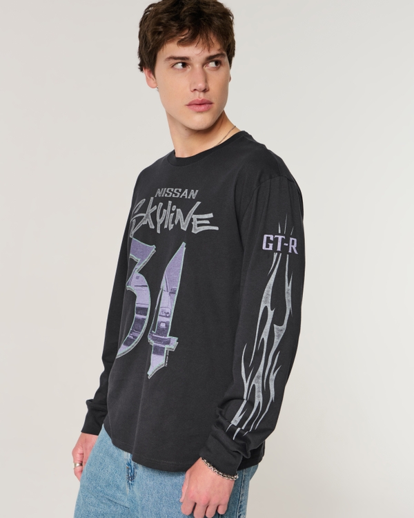 Relaxed Long-Sleeve Nissan Skyline Graphic Tee, Black Pattern view 1