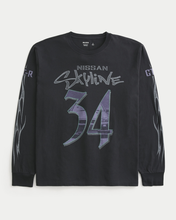 Relaxed Long-Sleeve Nissan Skyline Graphic Tee, Black Pattern view 1