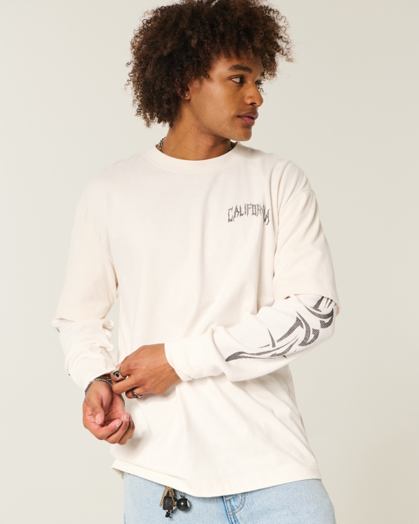 Boxy Layered Thermal Graphic Shirt, Cream view 1