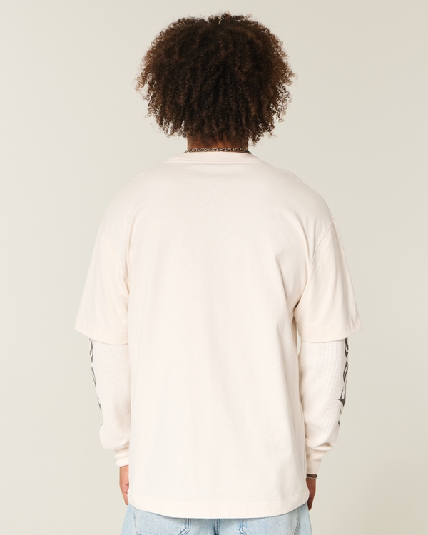 Boxy Layered Thermal Graphic Shirt, Cream view 2