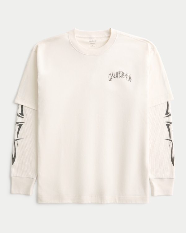 Boxy Layered Thermal Graphic Shirt, Cream view 1