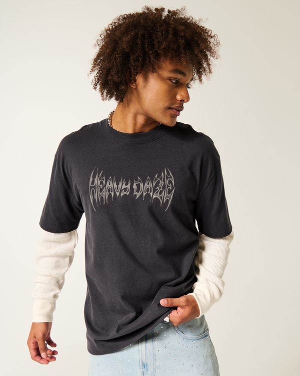 Boxy Layered Thermal Graphic Shirt, Faded Black And Cream view 1