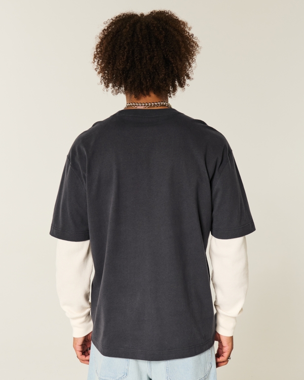 Boxy Layered Thermal Graphic Shirt, Faded Black And Cream view 2