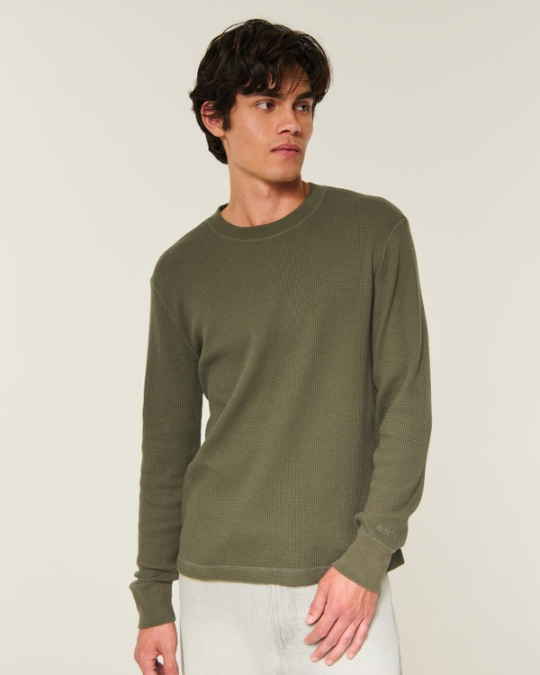 Relaxed Long-Sleeve Thermal Crew T-Shirt, Dark Olive view 1