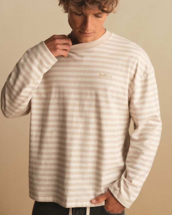 Boxy Heavyweight Long-Sleeve Crew T-Shirt, Tan Stripe view 1