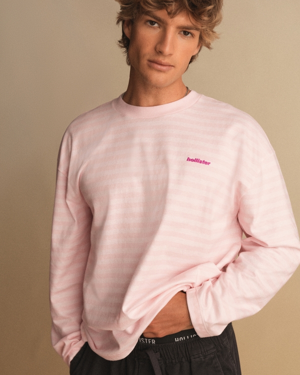 Boxy Heavyweight Long-Sleeve Crew T-Shirt, Pink Stripe view 1