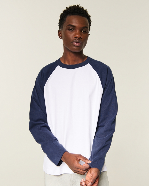Boxy Heavyweight Long-Sleeve Raglan Crew T-Shirt, Navy And White view 1