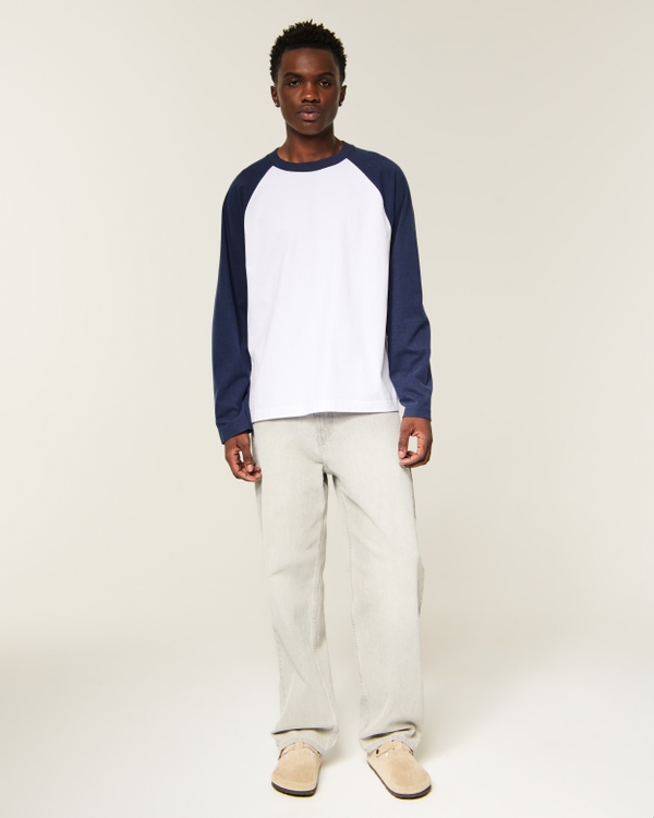Boxy Heavyweight Long-Sleeve Raglan Crew T-Shirt, Navy And White view 2