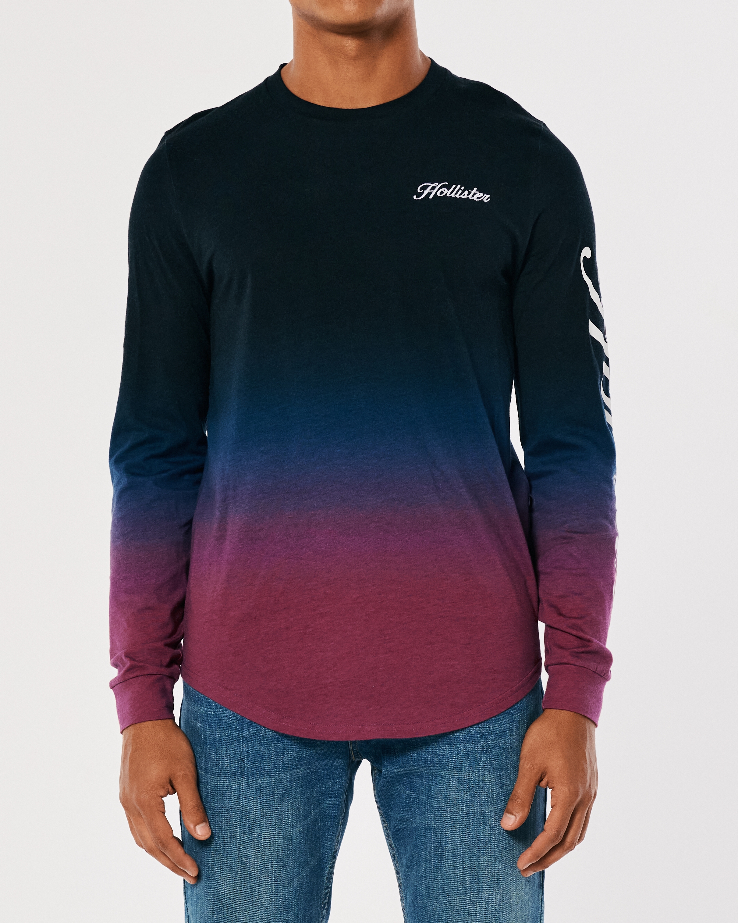 Hollister Back Print and Sleeve Logo Ombre Wash Long Sleeve Top in