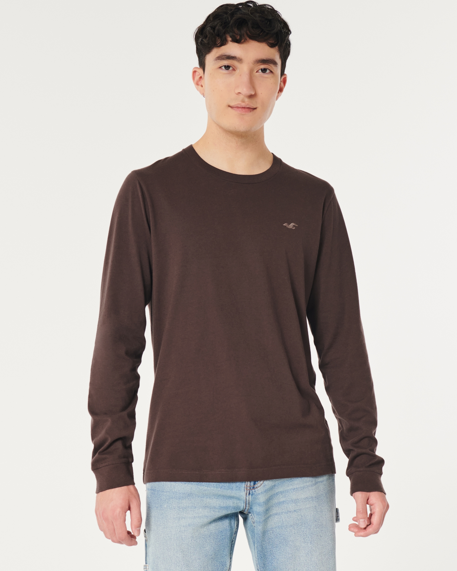 Hollister Men's Distressed Long Sleeve Brown Cotton Henley Pullover Shirt  Size S