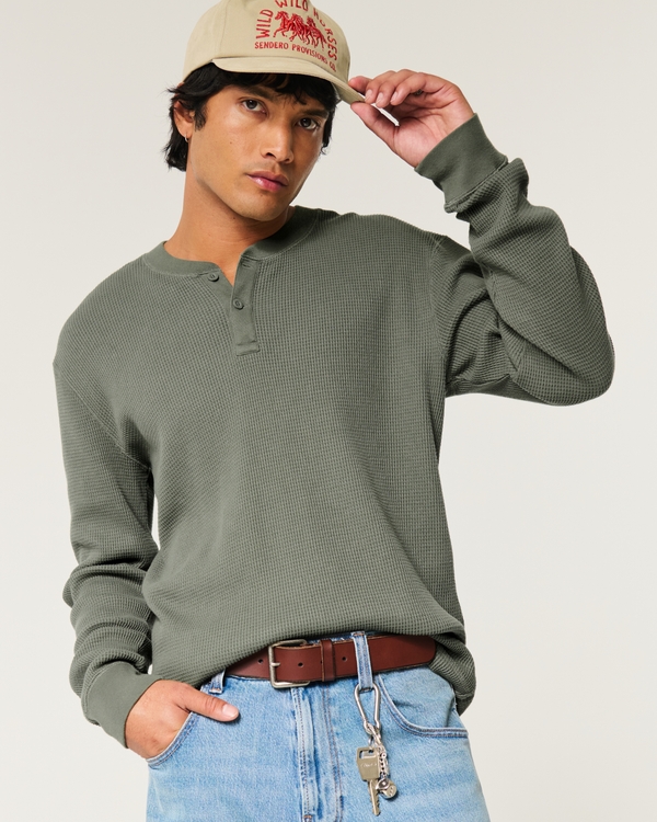 Long-Sleeve Waffle Henley, Dark Olive