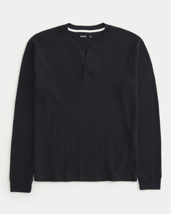 Long-Sleeve Waffle Henley, Black