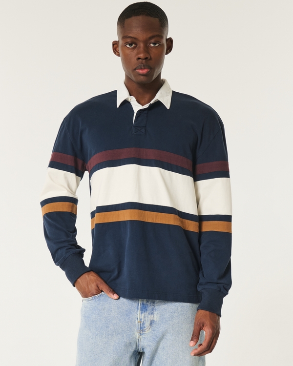 Oversized Heavyweight Long-Sleeve Rugby Polo, Navy Stripe