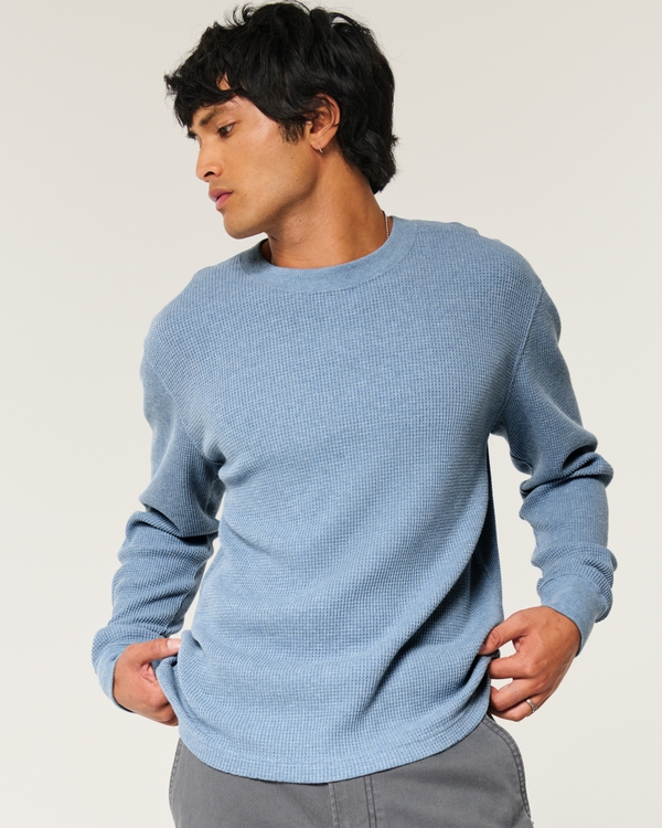 Long-Sleeve Waffle Crew T-Shirt, Heather Blue