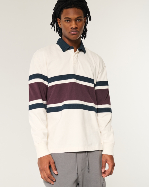 Heavyweight Long-Sleeve Rugby Polo, Cream Stripe