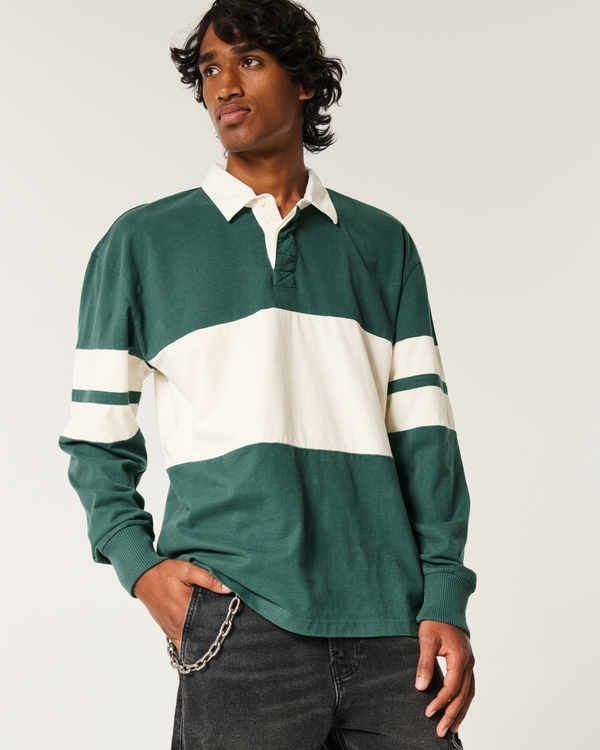 Heavyweight Long-Sleeve Rugby Polo, Dark Emerald Stripe