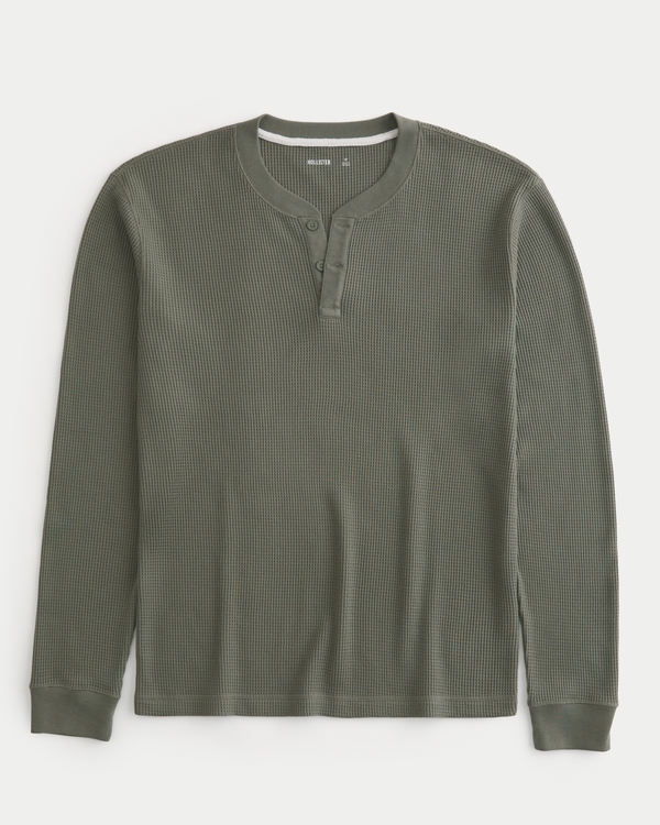 Relaxed Long-Sleeve Waffle Henley, Olive