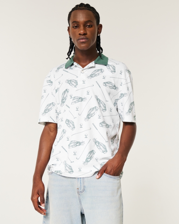 Relaxed Golf Pattern Polo, White Print