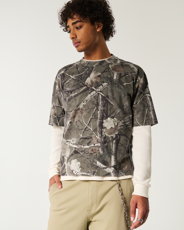 Boxy Heavyweight Crop Camo Crew T-Shirt, Brown Camo view 1