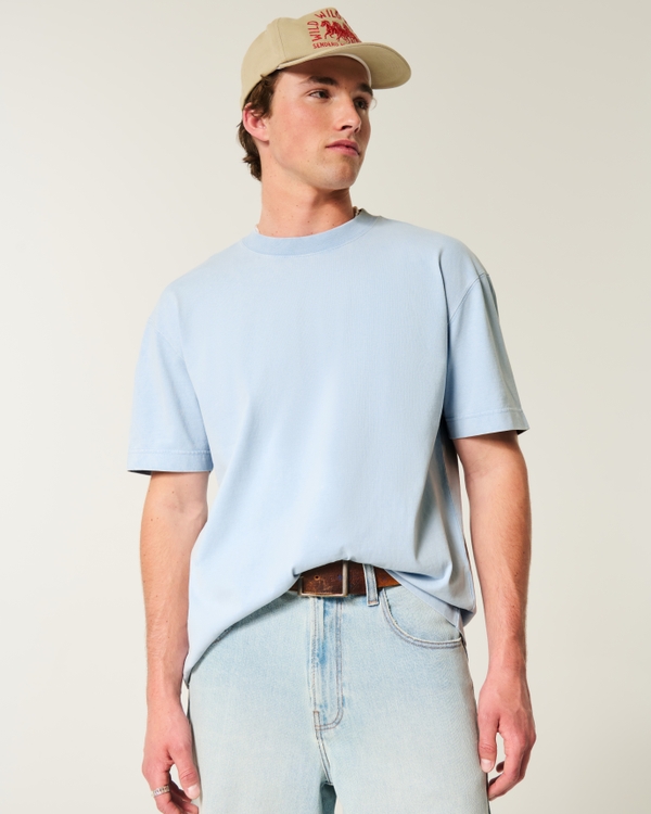 Kastiges, schweres verwaschenes T-Shirt mit Rundhalsausschnitt, Hellblaue Waschung view 1