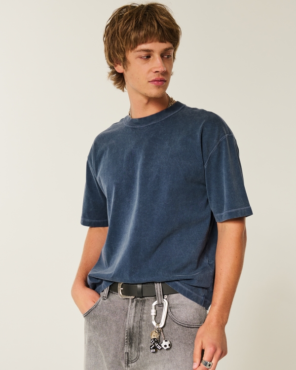 Boxy Crop Heavyweight Washed Crew T-Shirt, Washed Navy view 1