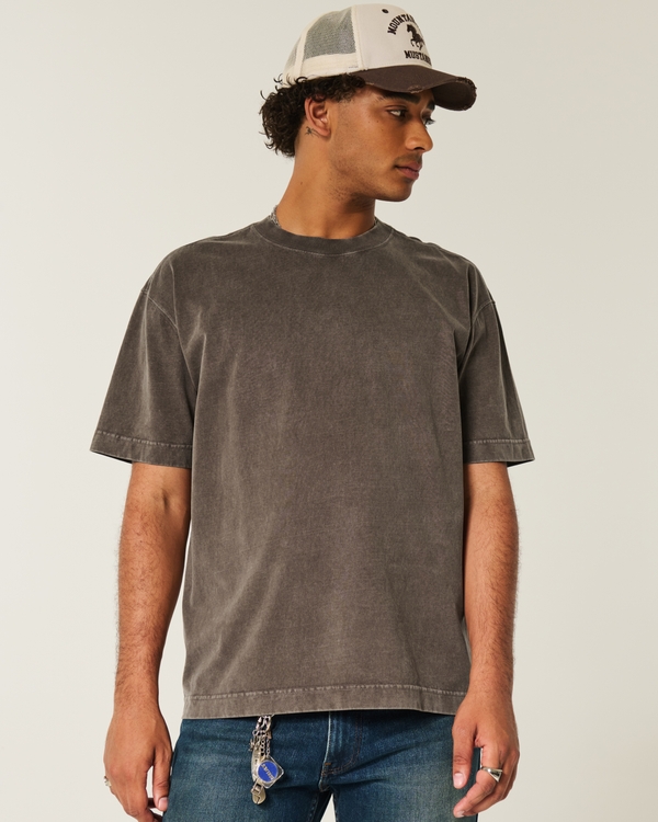 Boxy Heavyweight Washed Cotton Crew T-Shirt, Washed Dark Brown view 1