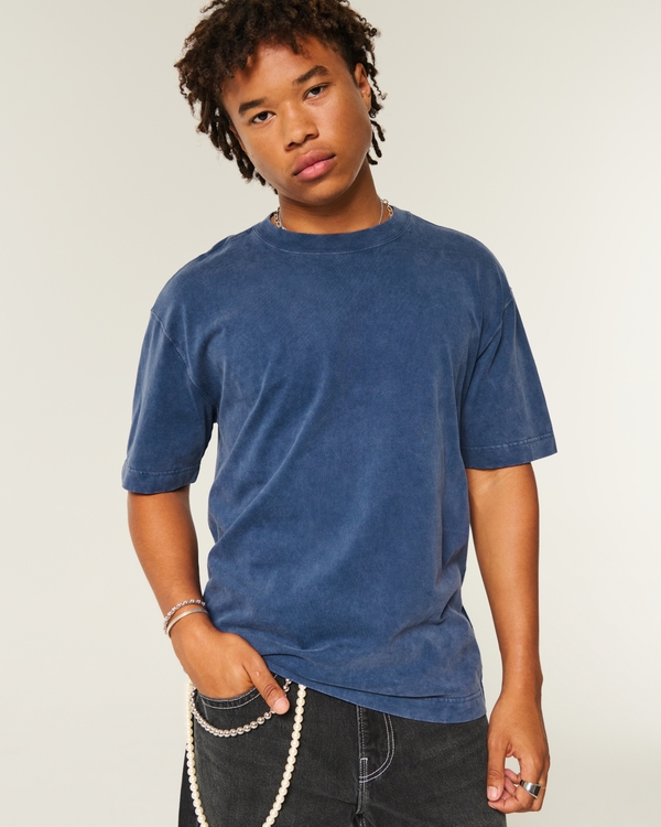 Boxy Heavyweight Washed Cotton Crew T-Shirt, Washed Navy view 1