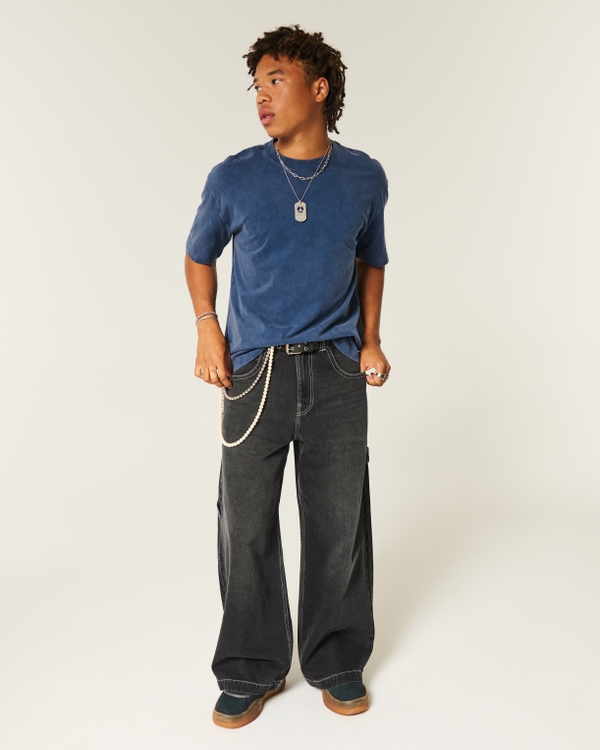 Boxy Heavyweight Washed Cotton Crew T-Shirt, Washed Navy view 2