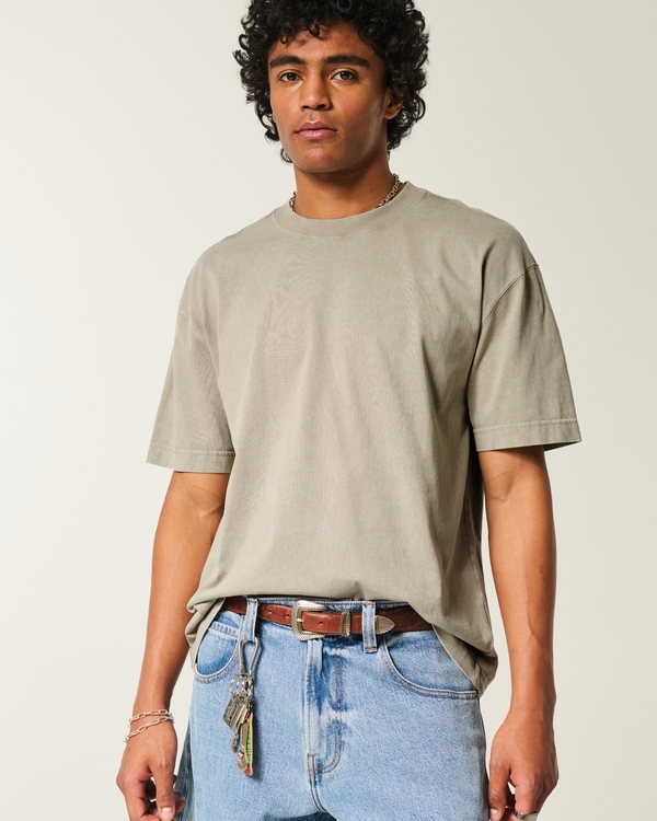 Boxy Heavyweight Washed Cotton Crew T-Shirt, Washed Light Olive view 1