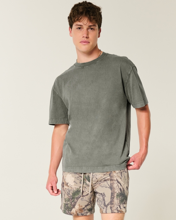 Boxy Heavyweight Washed Cotton Crew T-Shirt, Washed Olive view 1