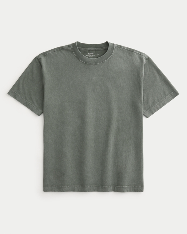 Boxy Heavyweight Washed Cotton Crew T-Shirt, Washed Olive view 1