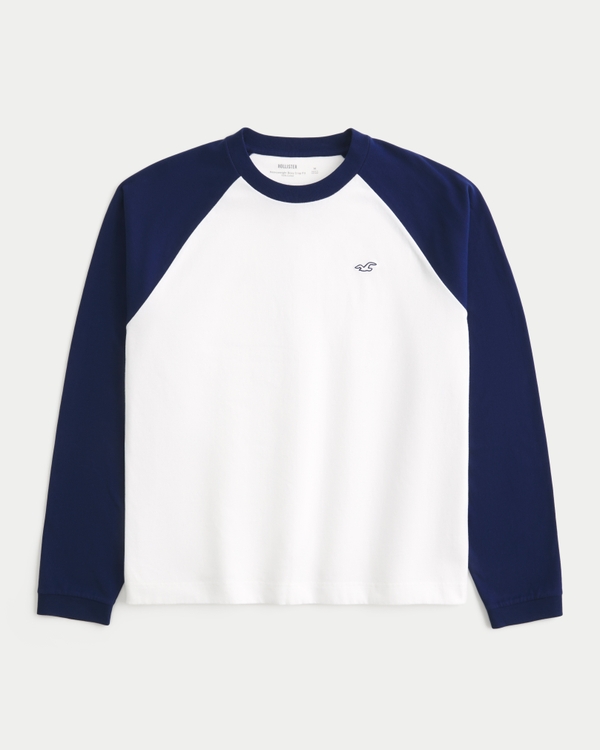 ボクシー クロップ 長袖 アイコン クルーネックTシャツ, ネイビー/ホワイト view 1