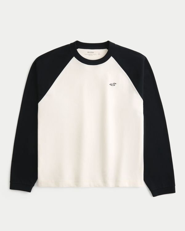 ボクシー クロップ 長袖 アイコン クルーネックTシャツ, ブラック/クリーム view 1