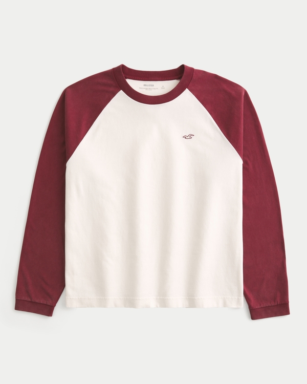 ボクシー クロップ 長袖 アイコン クルーネックTシャツ, バーガンディー/ダーククリーム view 1